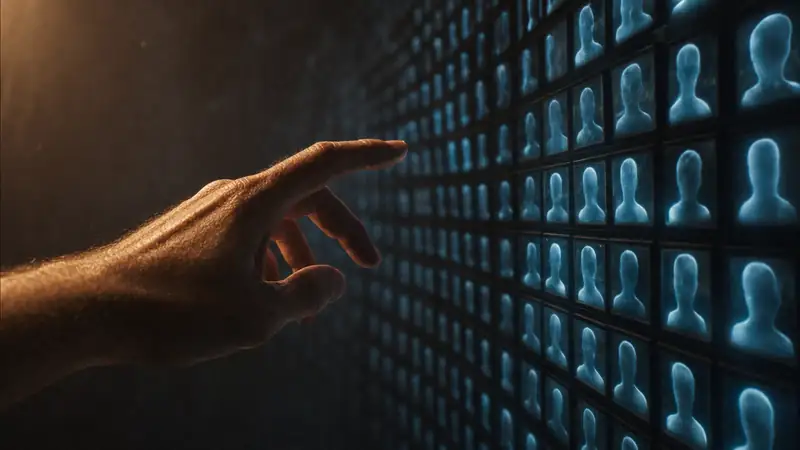 A human hand reaches toward a wall of identical, glowing, faceless profile pictures.