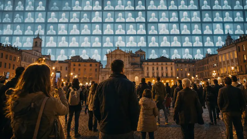 People in a city square at dusk look up at a wall of screens full of identical, faceless figures.