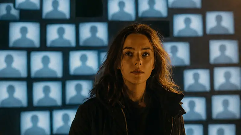 A woman steps forward, away from a wall of screens that all show the same blank profile picture.